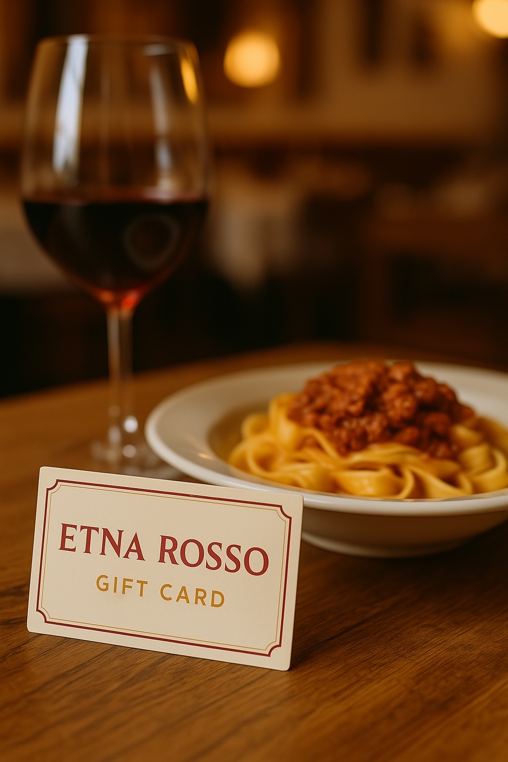 The Etna Rosso gift card on a white tablecloth with a crystal wine glass